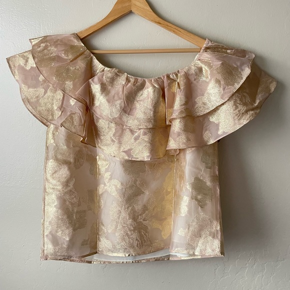 Lilly Pulitzer Trixie One shoulder double layer Ruffled Top gold mattall… - Picture 2 of 14